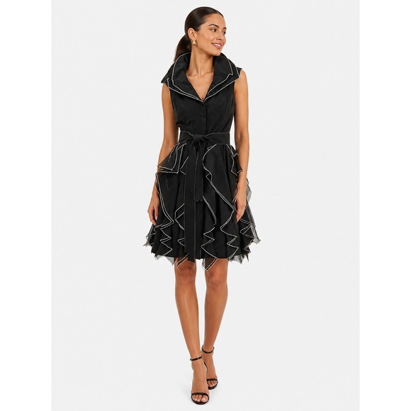Samuel Dong Dresses & Skirts - Samuel Dong Black Ruffle Avant Garde Belted Event Party Dress XS Sleeveless
